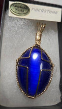 Load image into Gallery viewer, Custom Wire Wrapped Blue Fiberstone/Catseye Cross Necklace/Pendant 14KGF