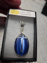 Load image into Gallery viewer, Custom Wire Wrapped Blue Fiberstone (Cats Eye) with Cross Necklace/Pendant Sterling Silver