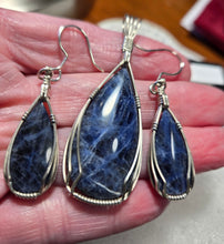 Load image into Gallery viewer, Custom Cut Polished &amp; Wire Wrapped Sodalite Set: Necklace/Pendant Earrings Sterling Silver