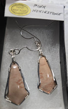 Load image into Gallery viewer, Custom Cut Polished Wire Wrapped Virginia Tech Pink Hokie Stone Earrings Sterling Silver
