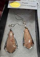 Load image into Gallery viewer, Custom Cut Polished Wire Wrapped Virginia Tech Pink Hokie Stone Earrings Sterling Silver