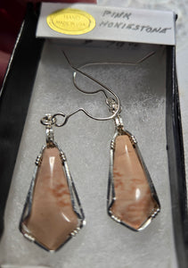 Custom Cut Polished Wire Wrapped Virginia Tech Pink Hokie Stone Earrings Sterling Silver