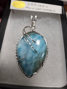 Custom Cut Polished & Wire Wrapped Larimar Necklace/Pendant Sterling Silver