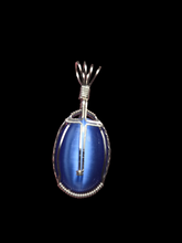 Load image into Gallery viewer, Custom Wire Wrapped Blue Fiberstone (Cats Eye) with Cross Necklace/Pendant Sterling Silver