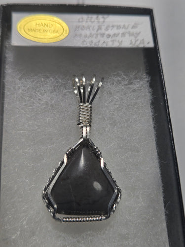 Custom Cut Polished & Wire Wrapped Gray Hokie Stone Heart Virginia Tech Necklace/Pendant Sterling Silver