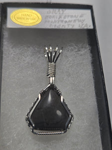 Custom Cut Polished & Wire Wrapped Gray Hokie Stone Heart Virginia Tech Necklace/Pendant Sterling Silver