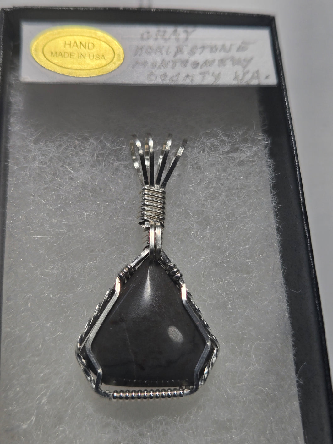 Custom Cut Polished & Wire Wrapped Gray Hokie Stone Heart Virginia Tech Necklace/Pendant Sterling Silver