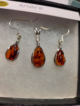 Load image into Gallery viewer, Custom Wire Wrapped  Baltic Amber Set: Necklace/Pendant &amp; Earrings in Sterling Silver Wire