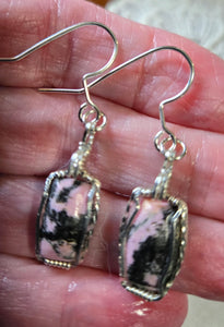 Custom Cut Polished & Wire Wrapped Rhodonite Set Necklace/Pendant Earrings Sterling Silver