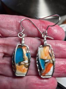 Custom Cut Polished & Wire Wrapped Spiney Oyster & Turquoise Set: Necklace/Pendant Earrings Sterling Silver