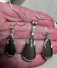 Load image into Gallery viewer, Custom Wire Wrapper Polished Hokie Stone Virginia Tech Gray Quarry Set: Earrings, Necklace/Pendant Sterling Silver