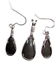 Load image into Gallery viewer, Custom Wire Wrapper Polished Hokie Stone Virginia Tech Gray Quarry Set: Earrings, Necklace/Pendant Sterling Silver