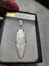Load image into Gallery viewer, Custom Wire Wrapped 1800's Gaming Chip Hand Carved Mother of Pearl Necklace/Pendant Sterling  Silver