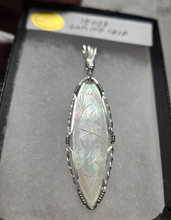 Load image into Gallery viewer, Custom Wire Wrapped 1800's Gaming Chip Hand Carved Mother of Pearl Necklace/Pendant Sterling  Silver