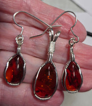 Load image into Gallery viewer, Custom Wire Wrapped  Baltic Amber Set: Necklace/Pendant &amp; Earrings in Sterling Silver Wire