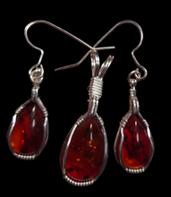 Load image into Gallery viewer, Custom Wire Wrapped  Baltic Amber Set: Necklace/Pendant &amp; Earrings in Sterling Silver Wire