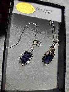 Custom Wire Wrapped Faceted Iolite (Water Sapphire) Earrings Sterling Silver