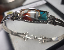 Load image into Gallery viewer, Custom Cut Polished Wire Wrapped Spiney Oyster Turquoise &amp; Bronze Bracelet Size 7 1/2 Sterling Silver