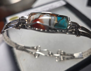 Custom Cut Polished Wire Wrapped Spiney Oyster Turquoise & Bronze Bracelet Size 7 1/2 Sterling Silver