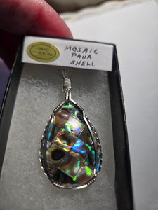 Custom Wire Wrapped Mosaic Paua Shell Necklace/Pendant Sterling Silver One of a kind