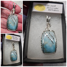 Load image into Gallery viewer, Custom Cut Polished &amp; Wire Wrapped Larimar Necklace/Pendant Sterling Silver