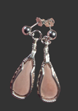 Load image into Gallery viewer, Custom Cut Unpolished Polished Wire Wrapped Virginia Tech Pink Hokie Stone Earrings Sterling Silver