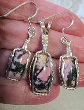 Load image into Gallery viewer, Custom Cut Polished &amp; Wire Wrapped Rhodonite Set Necklace/Pendant Earrings Sterling Silver