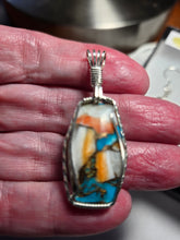 Load image into Gallery viewer, Custom Cut Polished &amp; Wire Wrapped Spiney Oyster &amp; Turquoise Set: Necklace/Pendant Earrings Sterling Silver