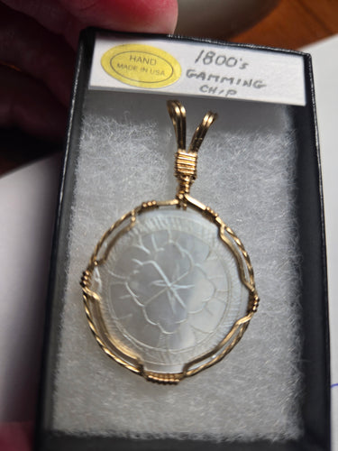 Custom Wire Wrapped 1800's Chinese antique carved Gaming Chip 14Kgf Necklace/Pendant