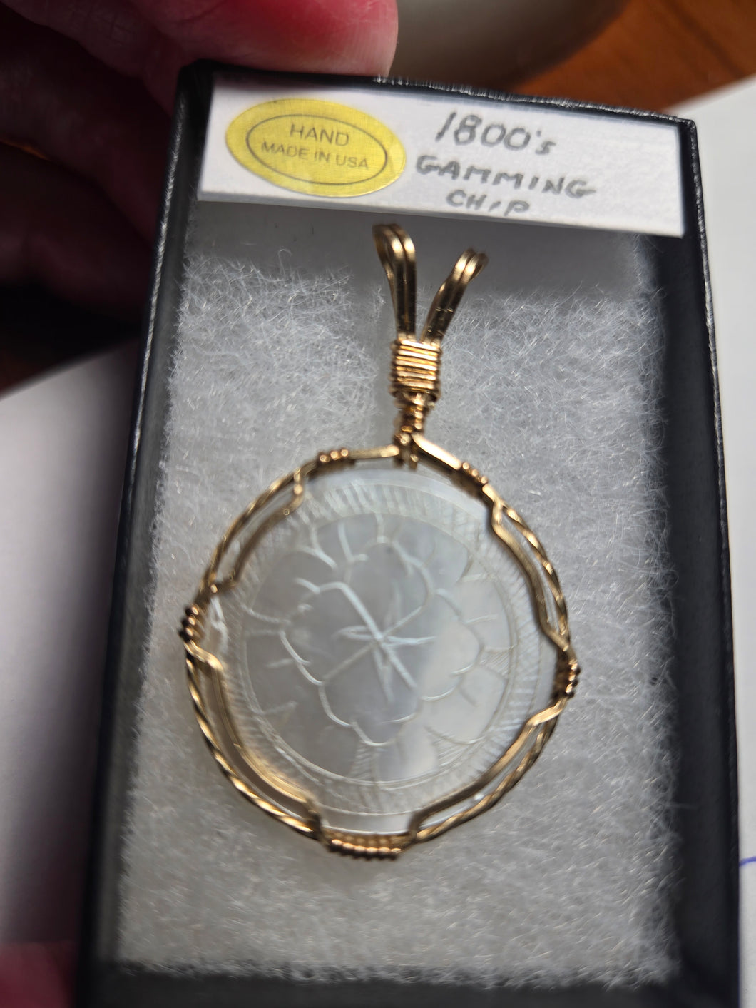 Custom Wire Wrapped 1800's Chinese antique carved Gaming Chip 14Kgf Necklace/Pendant