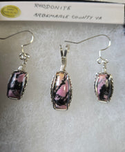 Load image into Gallery viewer, Custom Cut Polished &amp; Wire Wrapped Rhodonite Set Necklace/Pendant Earrings Sterling Silver