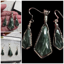 Load image into Gallery viewer, Custom Cut Polished &amp; Wire Wrapped Seraphenite (Angel Stone) Set Necklace/Pendant &amp; Earrings in Sterling Silver