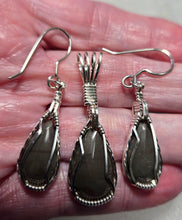 Load image into Gallery viewer, Custom Wire Wrapper Polished Hokie Stone Virginia Tech Gray Quarry Set: Earrings, Necklace/Pendant Sterling Silver