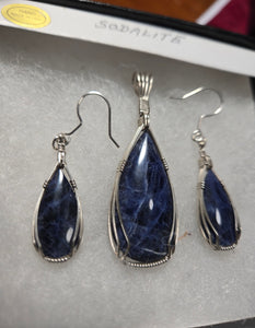 Custom Cut Polished & Wire Wrapped Sodalite Set: Necklace/Pendant Earrings Sterling Silver