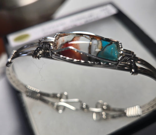 Custom Cut Polished Wire Wrapped Spiney Oyster Turquoise & Bronze Bracelet Size 7 1/2 Sterling Silver
