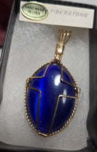 Load image into Gallery viewer, Custom Wire Wrapped Blue Fiberstone/Catseye Cross Necklace/Pendant 14KGF