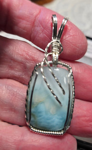 Custom Cut Polished & Wire Wrapped Larimar Necklace/Pendant Sterling Silver
