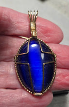 Load image into Gallery viewer, Custom Wire Wrapped Blue Fiberstone/Catseye Cross Necklace/Pendant 14KGF