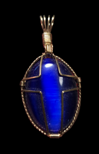 Load image into Gallery viewer, Custom Wire Wrapped Blue Fiberstone/Catseye Cross Necklace/Pendant 14KGF
