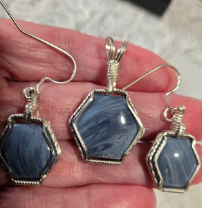 Custom Cut Polished & Wire Wrapped Rebecca Iron Ore Slag Set: Necklace/Pendant Earrings Sterling Silver