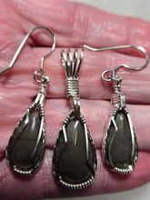 Load image into Gallery viewer, Custom Wire Wrapper Polished Hokie Stone Virginia Tech Gray Quarry Set: Earrings, Necklace/Pendant Sterling Silver
