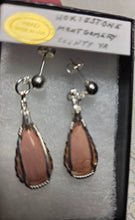 Load image into Gallery viewer, Custom Cut Polished Wire Wrapped Virginia Tech Pink Hokie Stone Earrings Sterling Silver