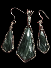 Load image into Gallery viewer, Custom Cut Polished &amp; Wire Wrapped Seraphenite (Angel Stone) Set Necklace/Pendant &amp; Earrings in Sterling Silver