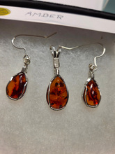 Load image into Gallery viewer, Custom Wire Wrapped  Baltic Amber Set: Necklace/Pendant &amp; Earrings in Sterling Silver Wire