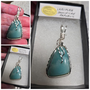 Custom Cut Polished & Wire Wrapped Larimar Necklace/Pendant Sterling Silver