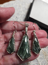 Load image into Gallery viewer, Custom Cut Polished &amp; Wire Wrapped Seraphenite (Angel Stone) Set Necklace/Pendant &amp; Earrings in Sterling Silver