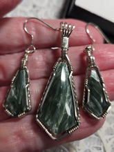 Load image into Gallery viewer, Custom Cut Polished &amp; Wire Wrapped Seraphenite (Angel Stone) Set Necklace/Pendant &amp; Earrings in Sterling Silver