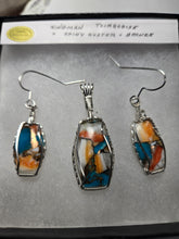 Load image into Gallery viewer, Custom Cut Polished &amp; Wire Wrapped Spiney Oyster &amp; Turquoise Set: Necklace/Pendant Earrings Sterling Silver