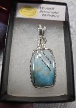 Load image into Gallery viewer, Custom Cut Polished &amp; Wire Wrapped Larimar Necklace/Pendant Sterling Silver