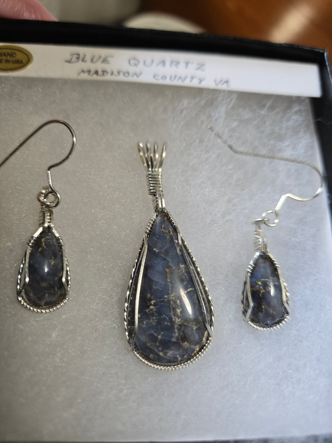 Custom Wire Wrapped Blue Quartz Madison County VA Set Necklace/Pendant Earrings Sterling Silver